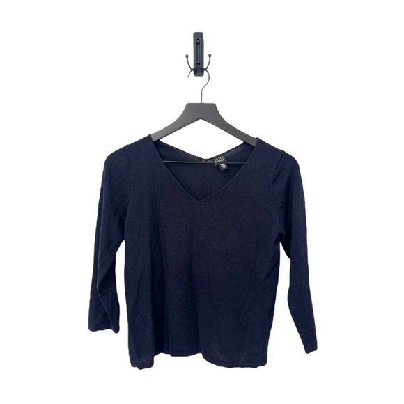 Eileen Fisher Tops - EILEEN FISHER Navy Knit V-Neck Cotton Viscose Blend Top